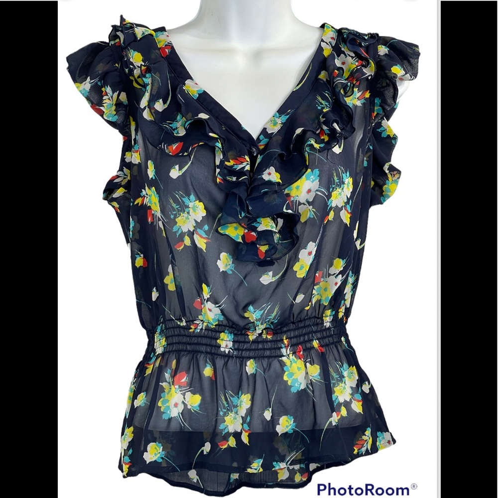 Forever 21 Ruffled Black Short Sleeve Sheer Blouse#A35